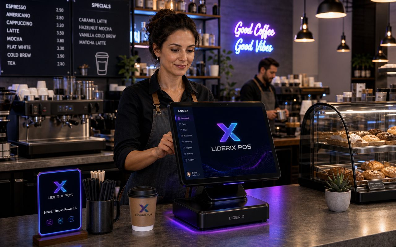Dueña de cafetería gestionando su negocio con LIDERIX POS