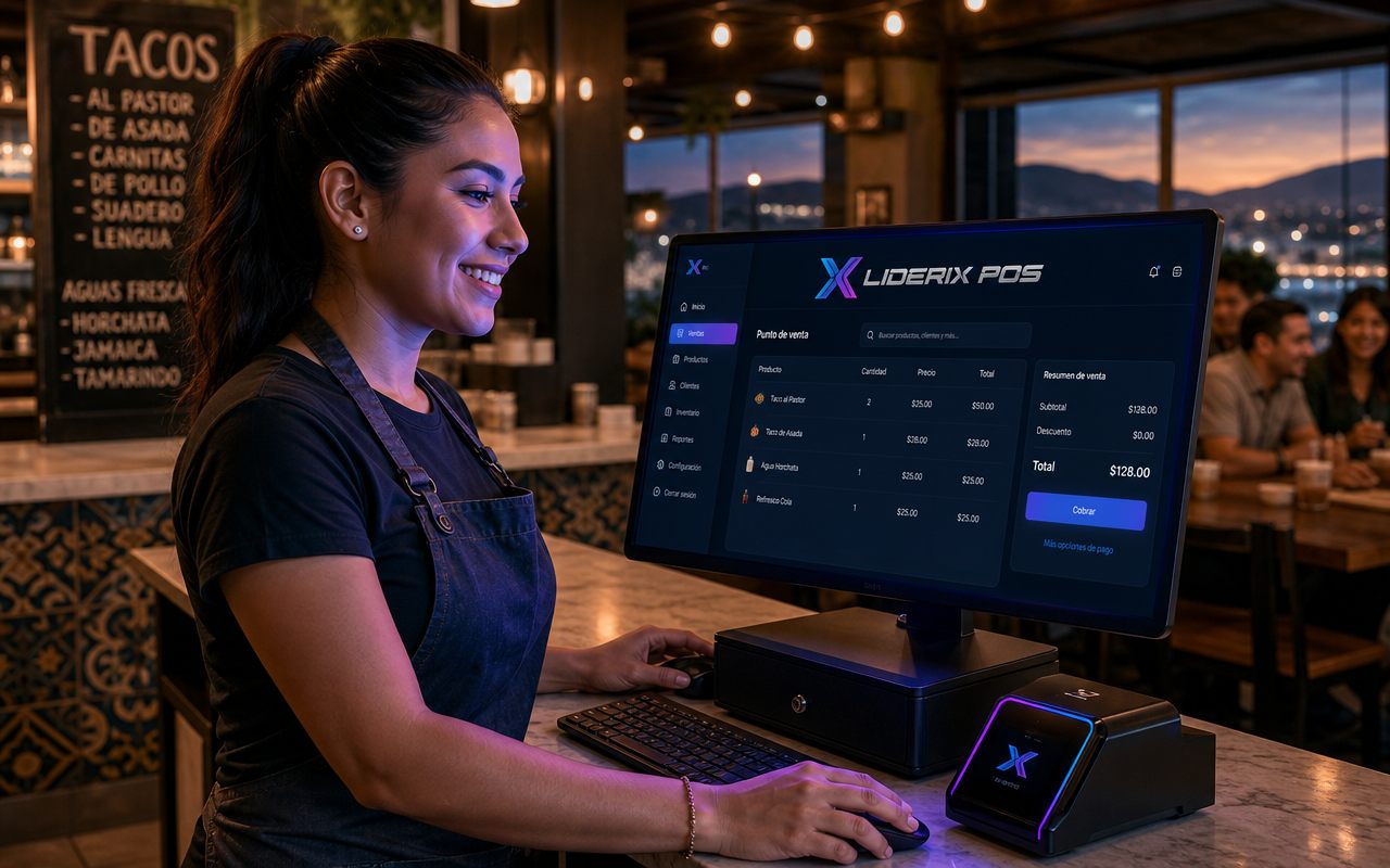 Cajera vendiendo tacos con LIDERIX POS en un restaurante